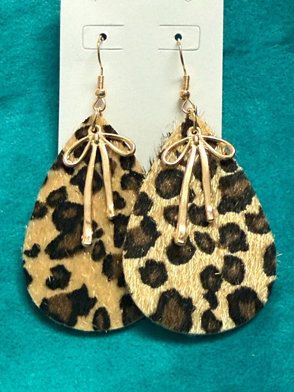 Leopard Print Teardrop Earrings with Gold Bow Accents NEW